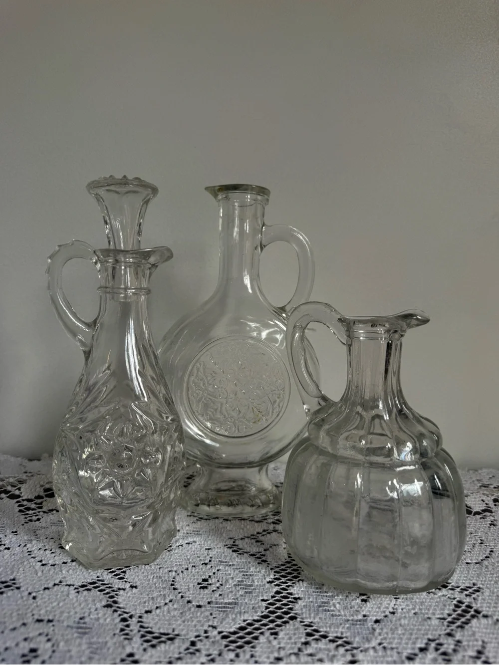 Set of Three Clear Decorative Glass Decanters Potion Bottles Cottage Core